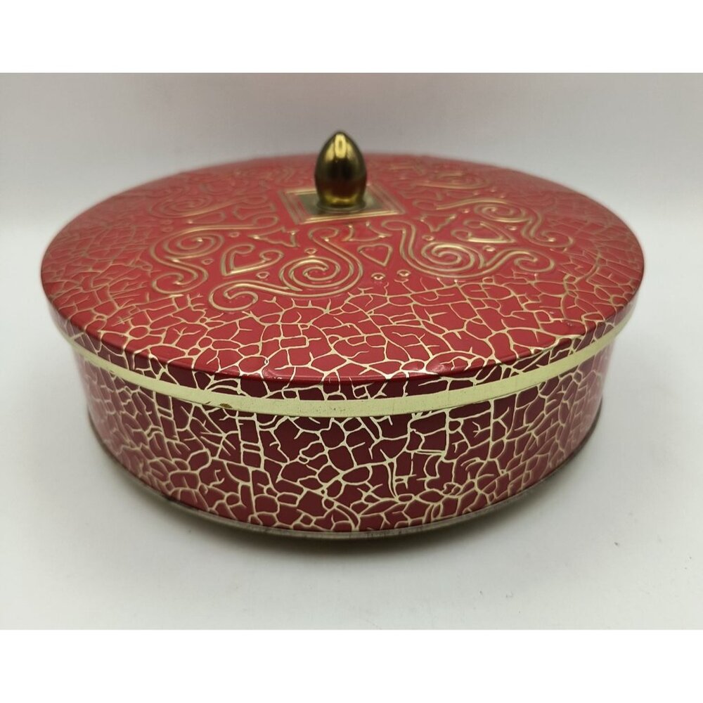 Vintage Red & Gold Metal Tin With Lid & Embossed Design Made In England